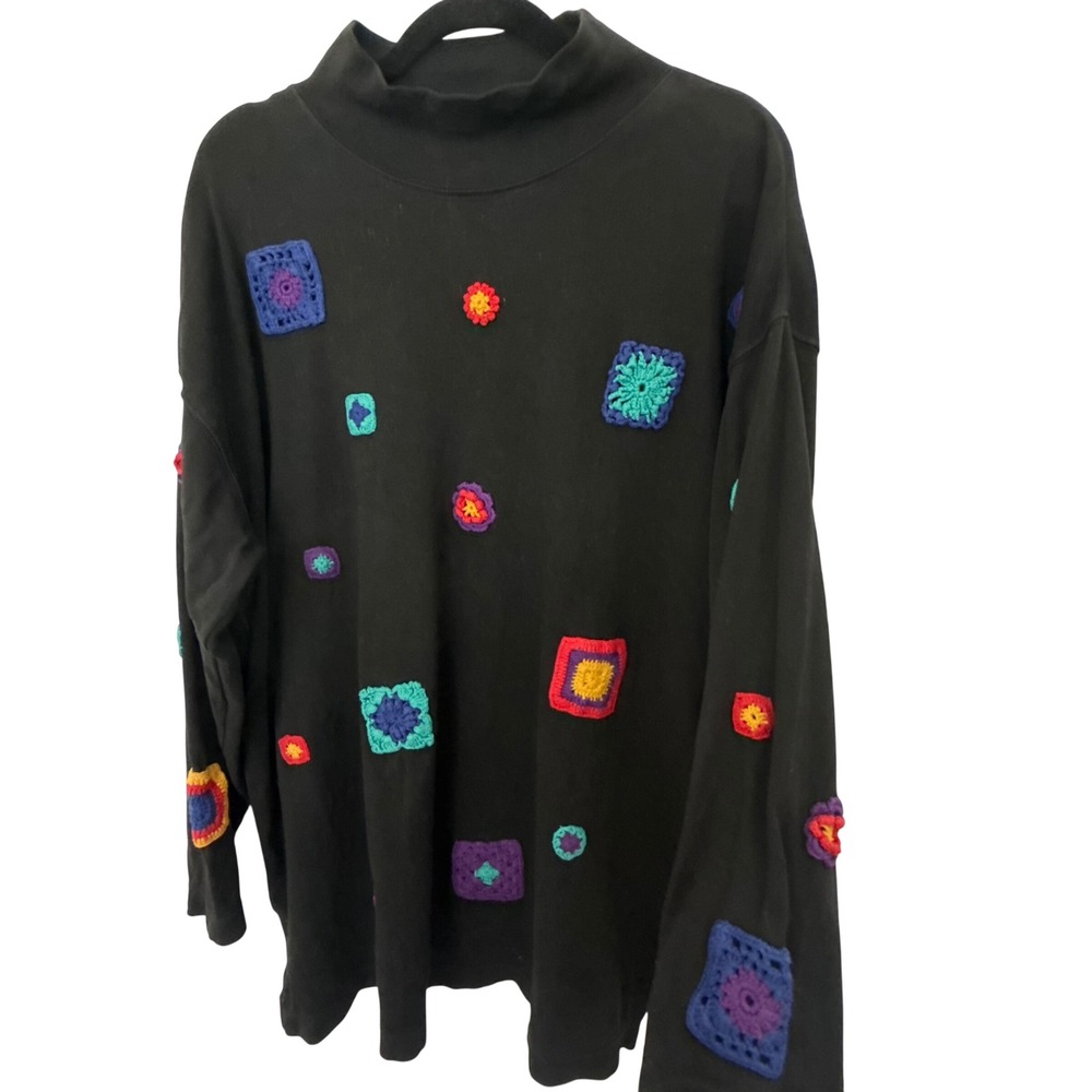 Vtg women's turtleneck granny square indie Black Boho Artsy festival cottagecore